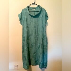 Lingo L’Arno small‎ tropical cowl neck 100% linen 2 pocket midi lagen dress